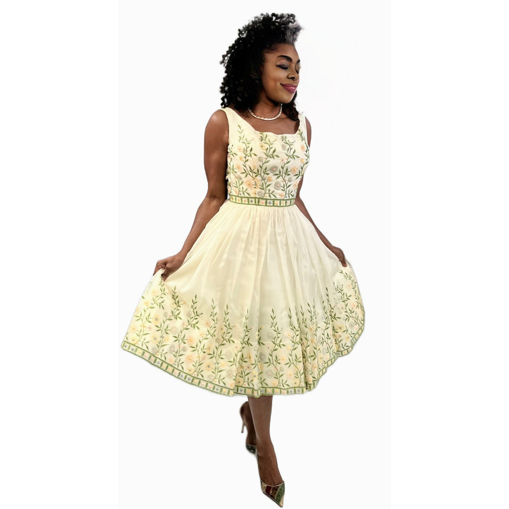 Vintage 1950s Dress MCM Pale Yellow Embroidered Skirt XS Cotillion Full SKirt dresses The Best Vintage Clothing