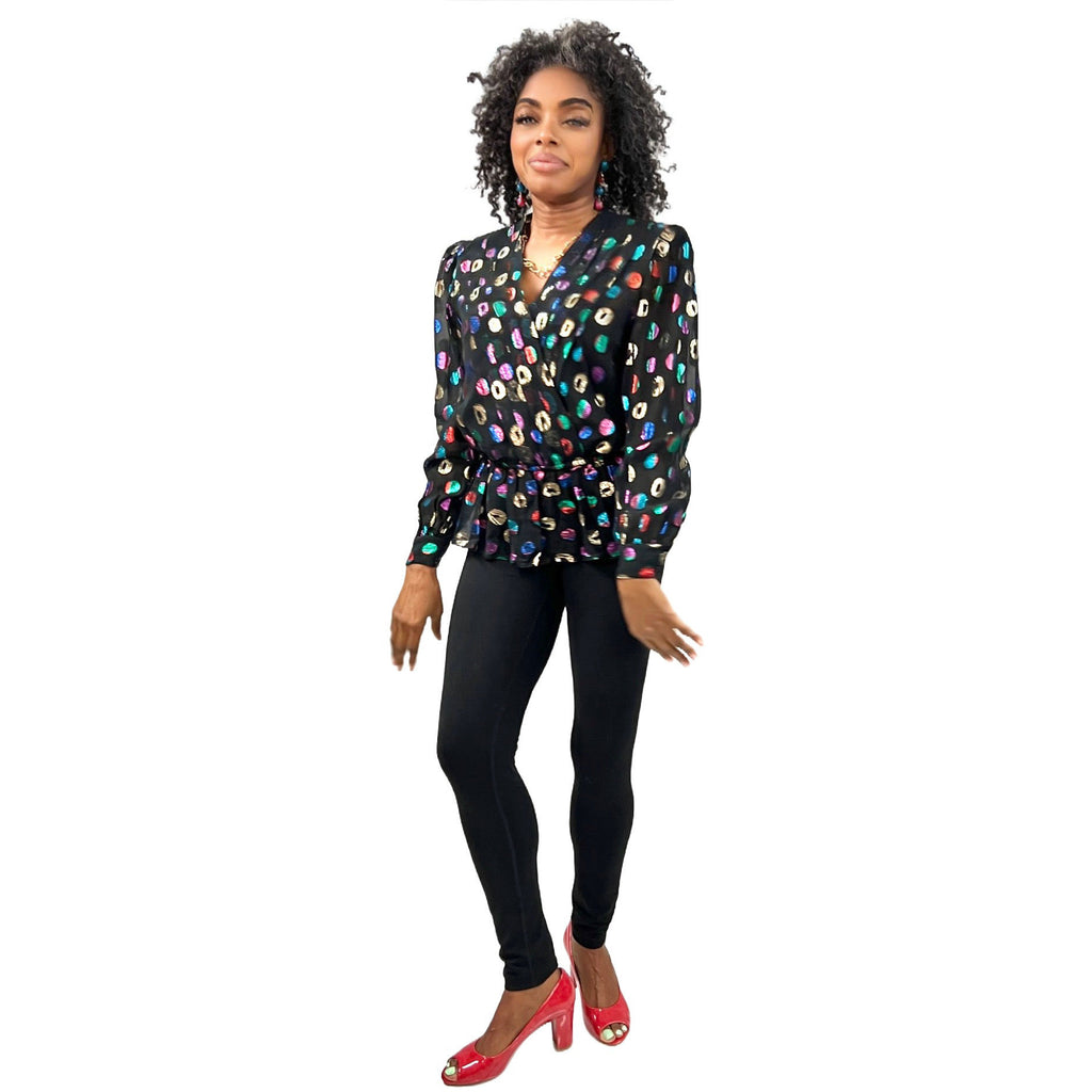 Lloyd Williams Blouse 80s Black /Metallic colorful Rayon Polka Dots Sz M/L vintage blouse The Best Vintage Clothing