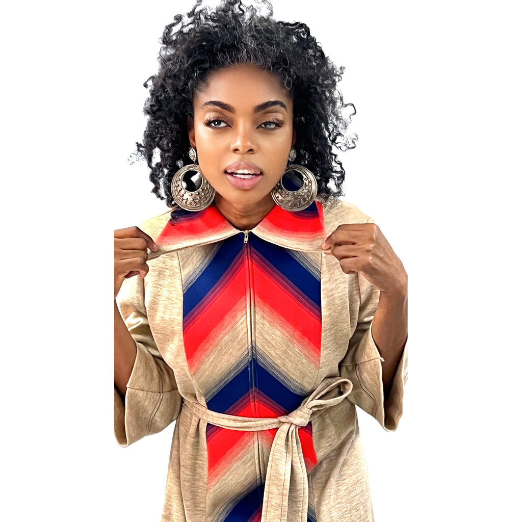 Lady Windsor (Kay Windsor) 1970s Shirt Dress NWT Chevron Pattern Red Blue Tan L The Best Vintage Clothing