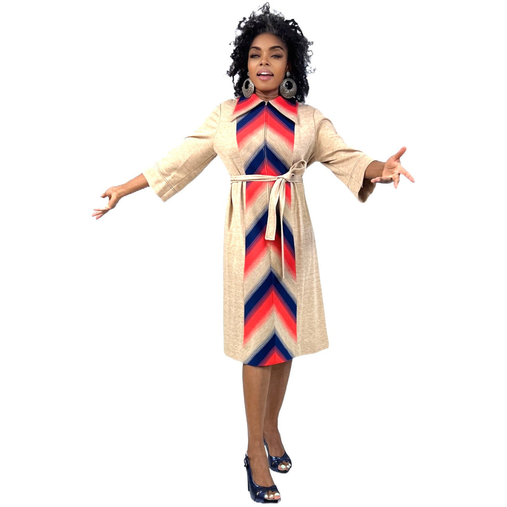 Lady Windsor (Kay Windsor) 1970s Shirt Dress NWT Chevron Pattern Red Blue Tan L The Best Vintage Clothing