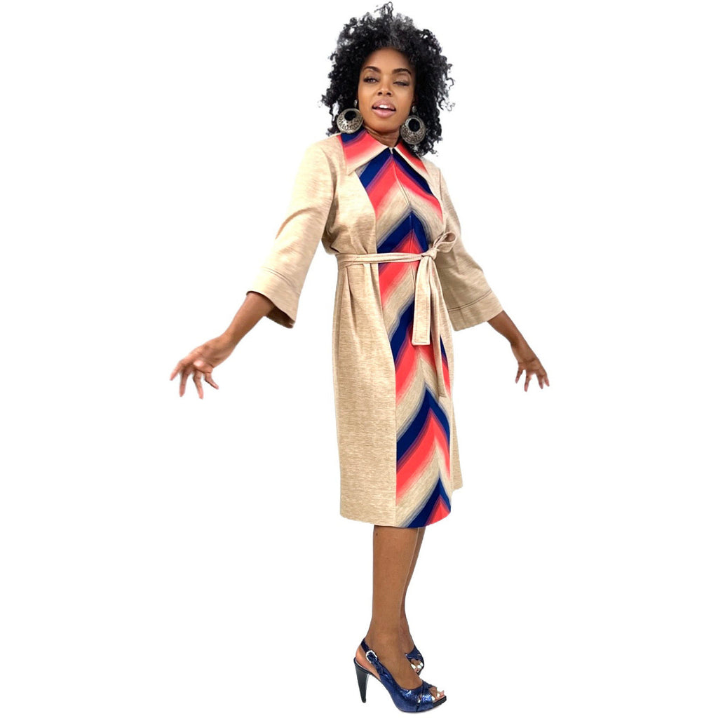 Lady Windsor (Kay Windsor) 1970s Shirt Dress NWT Chevron Pattern Red Blue Tan L The Best Vintage Clothing