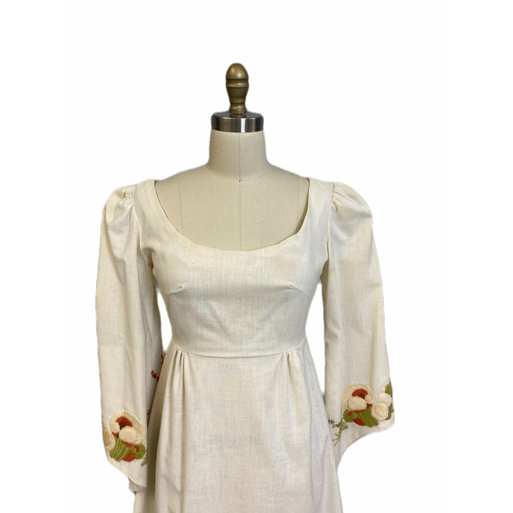 Vintage Linen Maxi Dress Gown Embroidered Mushrooms 1970s Empire Waist S Dresses The Best Vintage Clothing