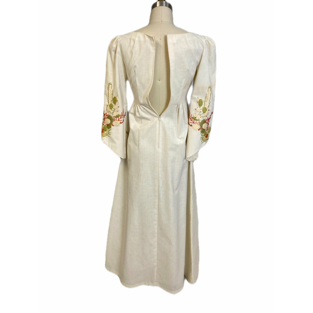 Vintage Linen Maxi Dress Gown Embroidered Mushrooms 1970s Empire Waist S Dresses The Best Vintage Clothing