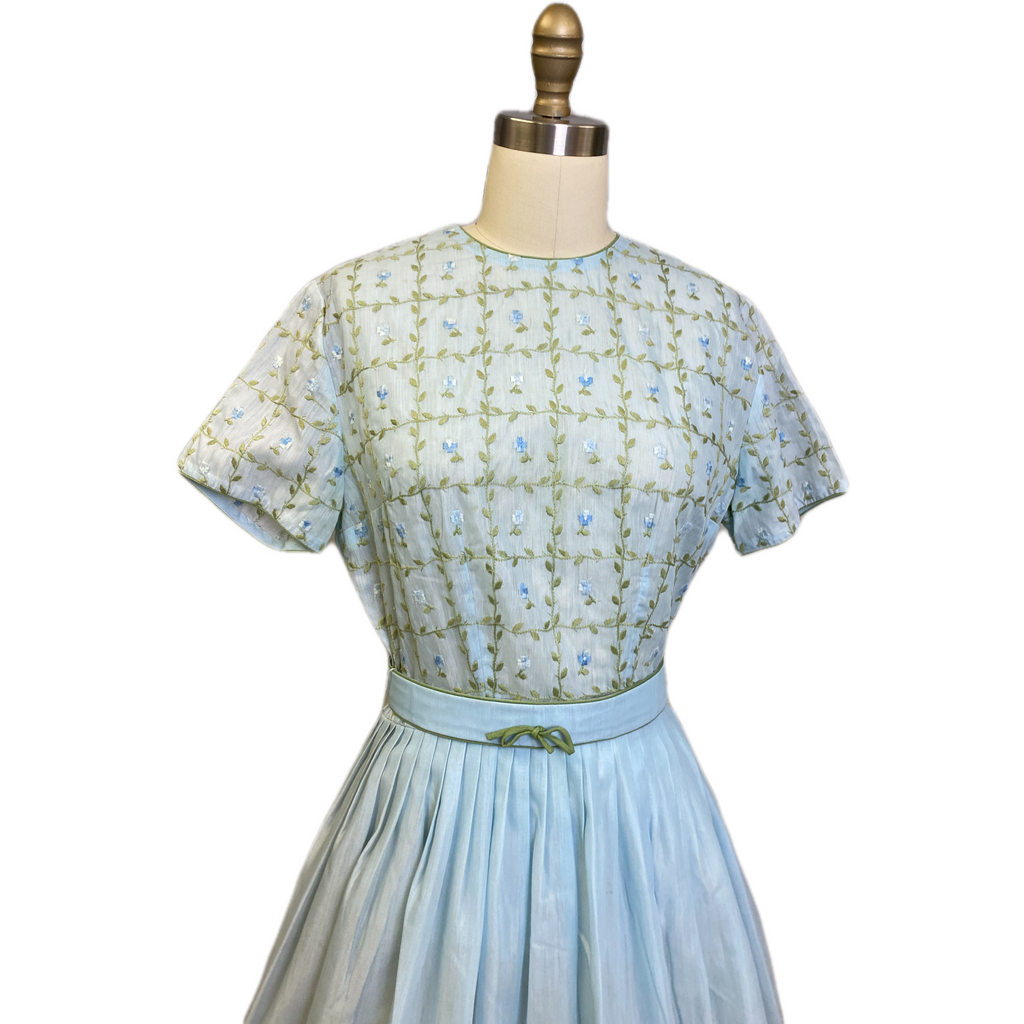 VTG Jeanne D'arc Blue Fit Flare Dress Floral Embroidery 1950s MED Day Dress Dresses The Best Vintage Clothing