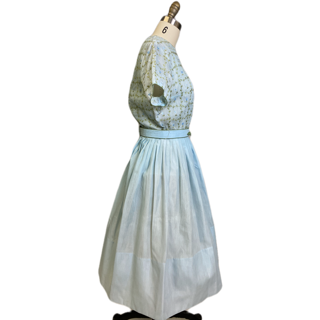 VTG Jeanne D'arc Blue Fit Flare Dress Floral Embroidery 1950s MED Day Dress Dresses The Best Vintage Clothing