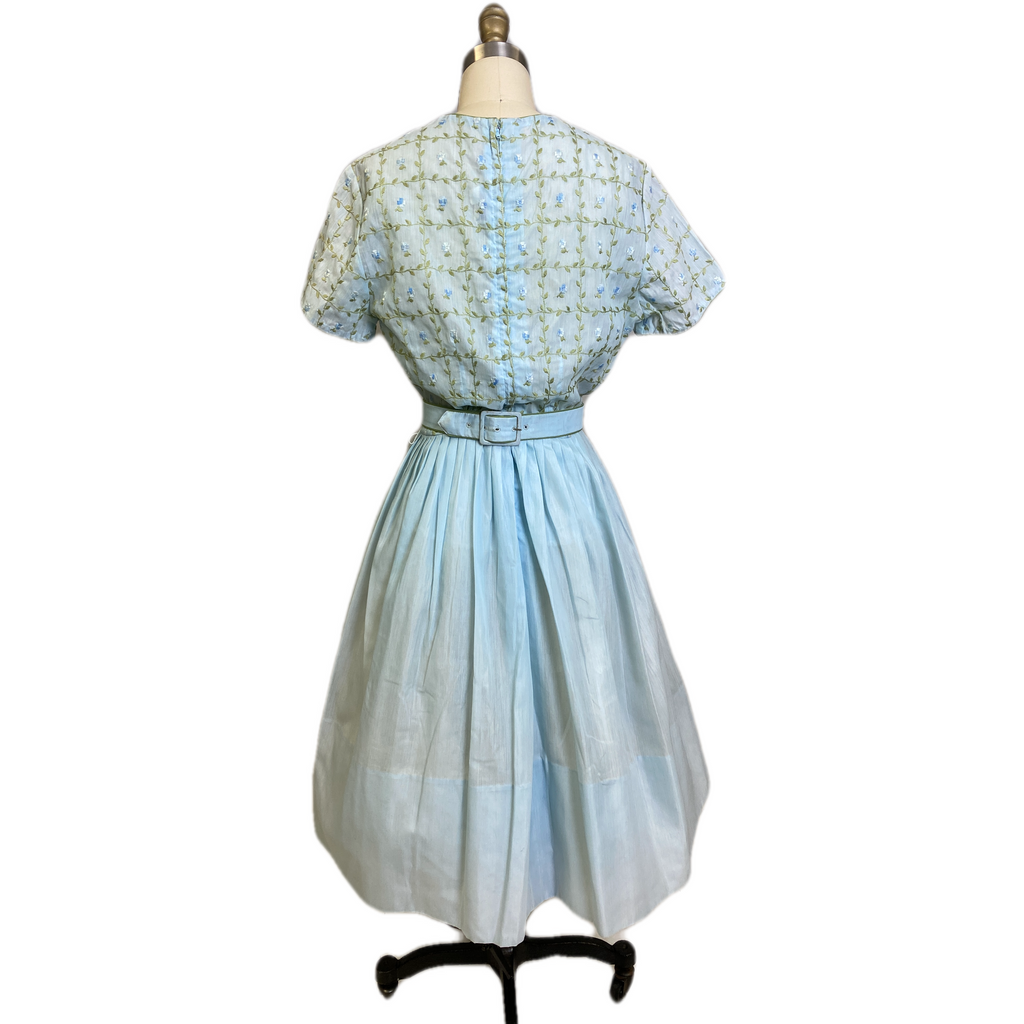 VTG Jeanne D'arc Blue Fit Flare Dress Floral Embroidery 1950s MED Day Dress Dresses The Best Vintage Clothing