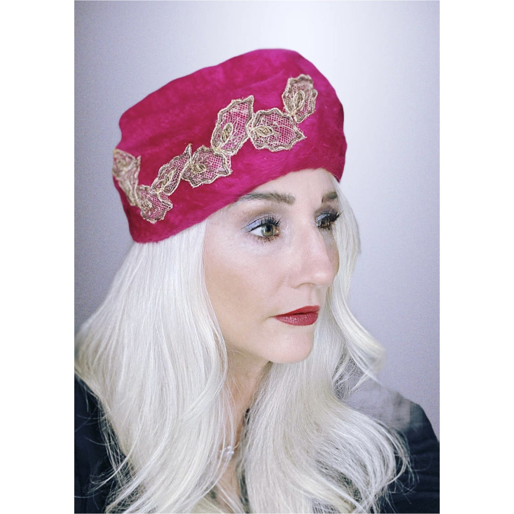 Vintage Oleg Cassini Tuban 1950s Pillbox Dark Pink Fur Felt 23" Embellished Church The Best Vintage Clothing