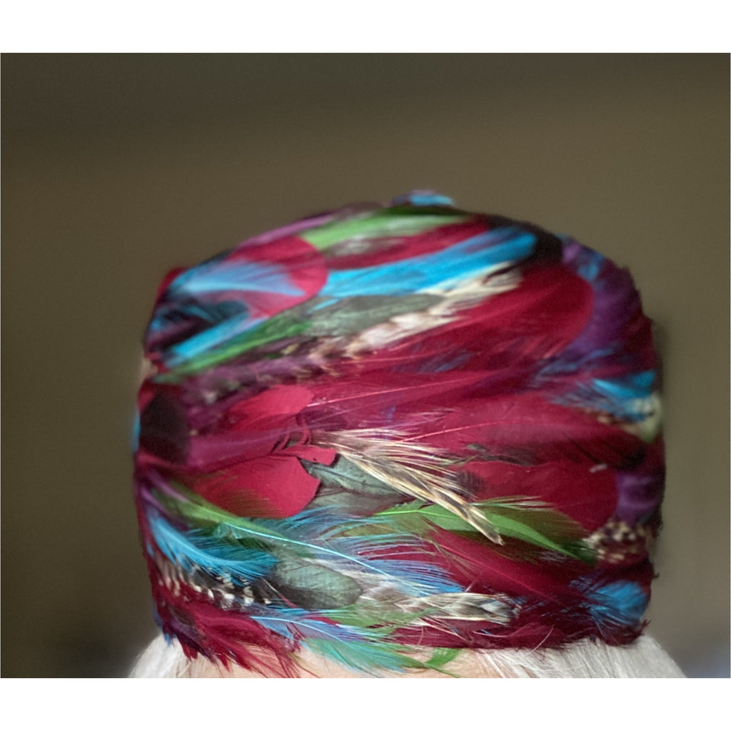VTG 1950s Pheasant Feather Cloche Red Turquoise Green Church Stunning Large The Best Vintage Clothing