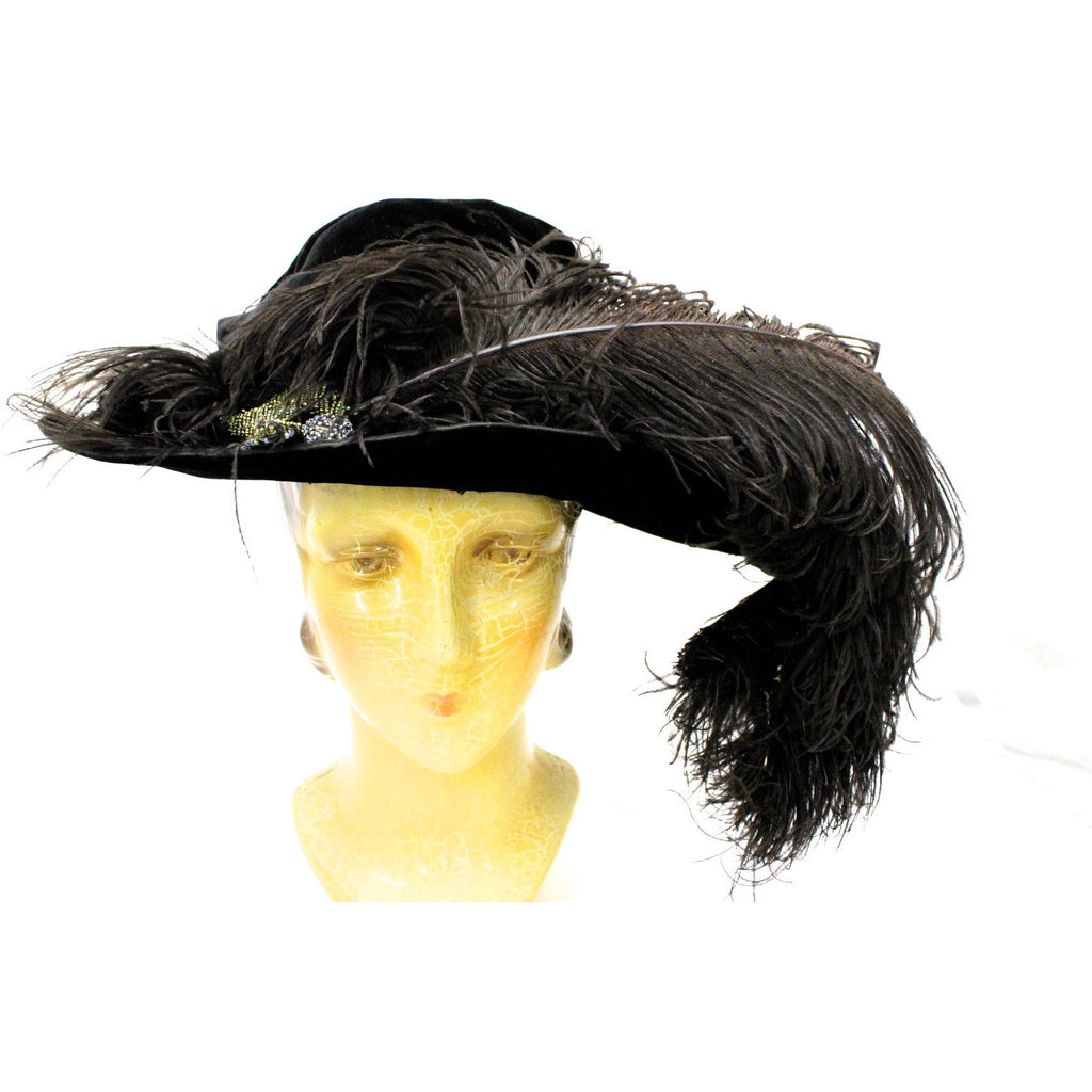 Antique Womens Hat Large Brimmed Cloche Early 1920s 1910s Black Velvet Feathers Carnival Beads Ornaments The Best Vintage Clothing