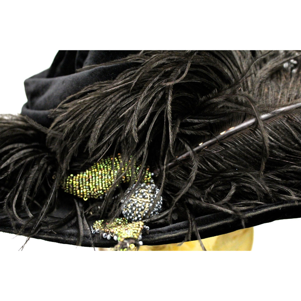 Antique Womens Hat Large Brimmed Cloche Early 1920s 1910s Black Velvet Feathers Carnival Beads Ornaments The Best Vintage Clothing