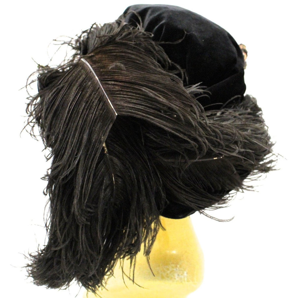 Antique Womens Hat Large Brimmed Cloche Early 1920s 1910s Black Velvet Feathers Carnival Beads Ornaments The Best Vintage Clothing