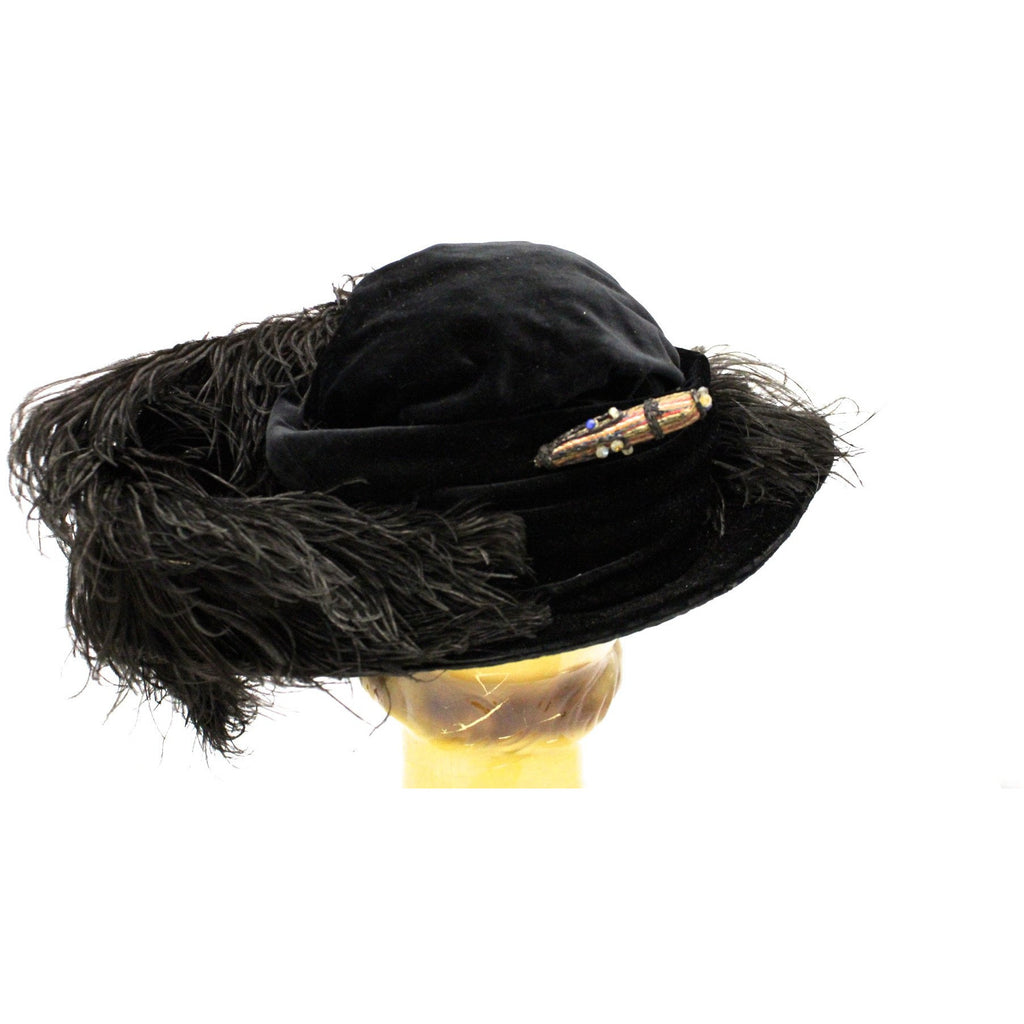 Antique Womens Hat Large Brimmed Cloche Early 1920s 1910s Black Velvet Feathers Carnival Beads Ornaments The Best Vintage Clothing