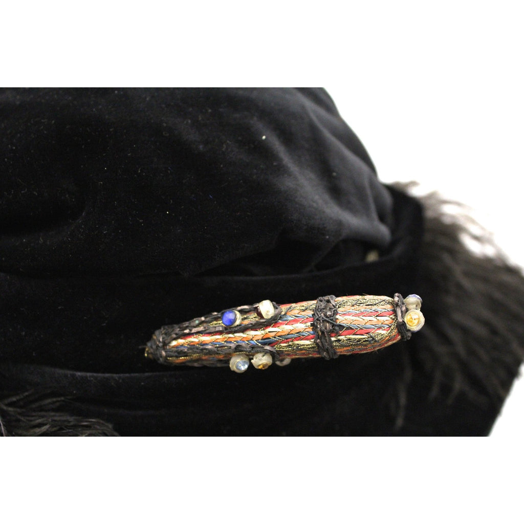 Antique Womens Hat Large Brimmed Cloche Early 1920s 1910s Black Velvet Feathers Carnival Beads Ornaments The Best Vintage Clothing