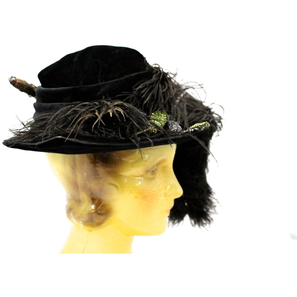 Antique Womens Hat Large Brimmed Cloche Early 1920s 1910s Black Velvet Feathers Carnival Beads Ornaments The Best Vintage Clothing
