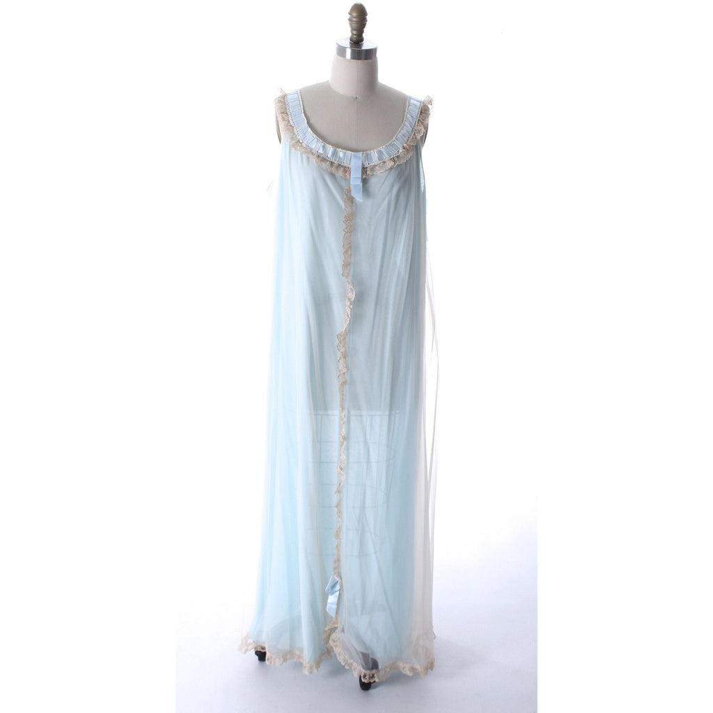 Odette Barsa Vintage Nylon Lingerie Nightgown Robe Set Lace Peignoir Negligee Blue L NWT 1960s peignoir The Best Vintage Clothing
