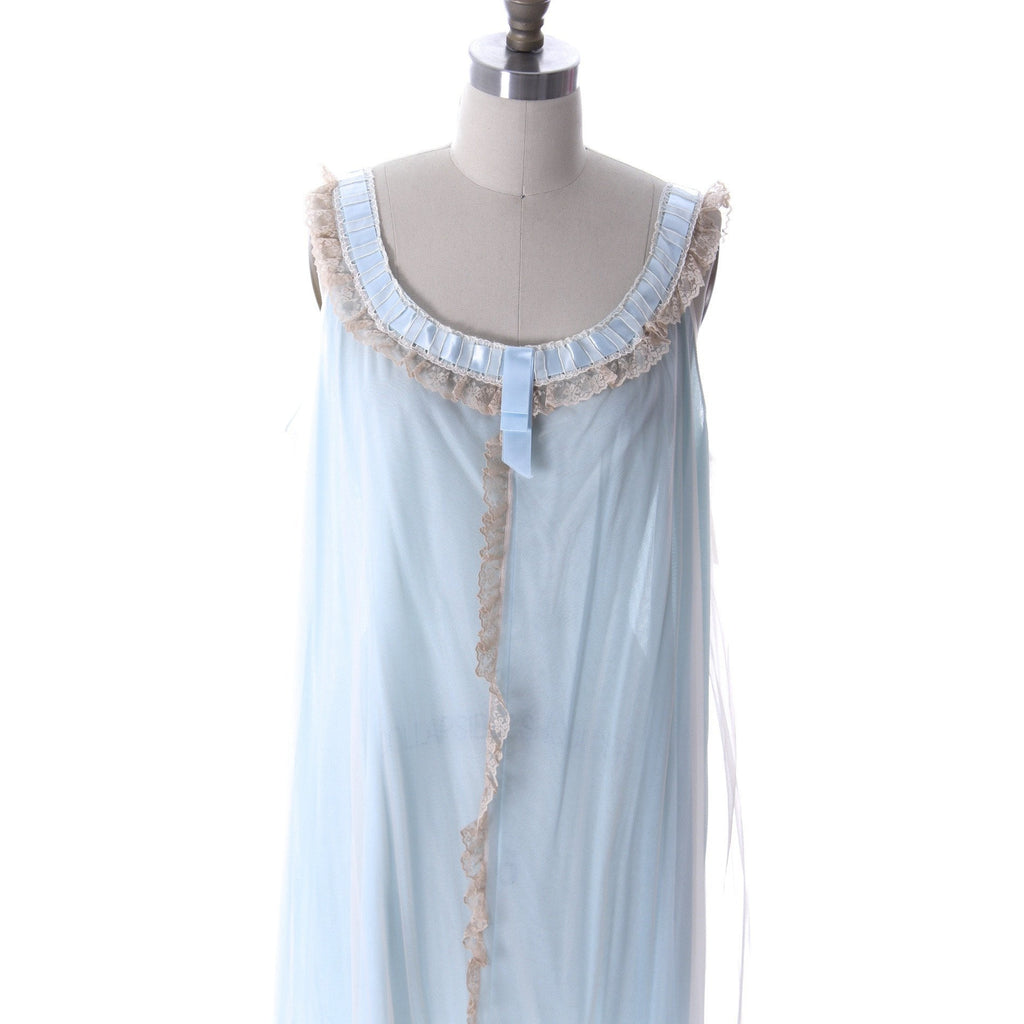 Odette Barsa Vintage Nylon Lingerie Nightgown Robe Set Lace Peignoir Negligee Blue L NWT 1960s peignoir The Best Vintage Clothing