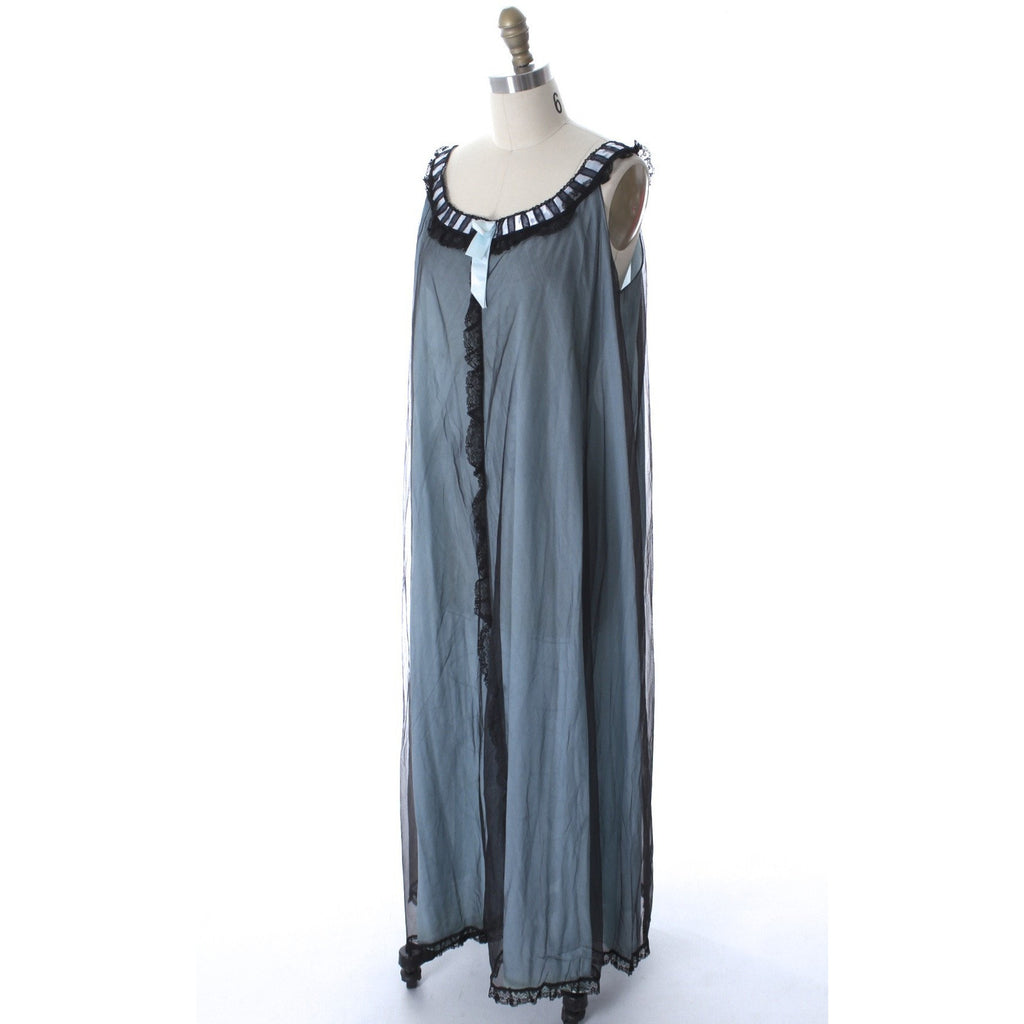 Odette Barsa Vintage Nylon Lingerie Nightgown Robe Set Lace Peignoir Negligee Blue Black M NWT 1960s The Best Vintage Clothing