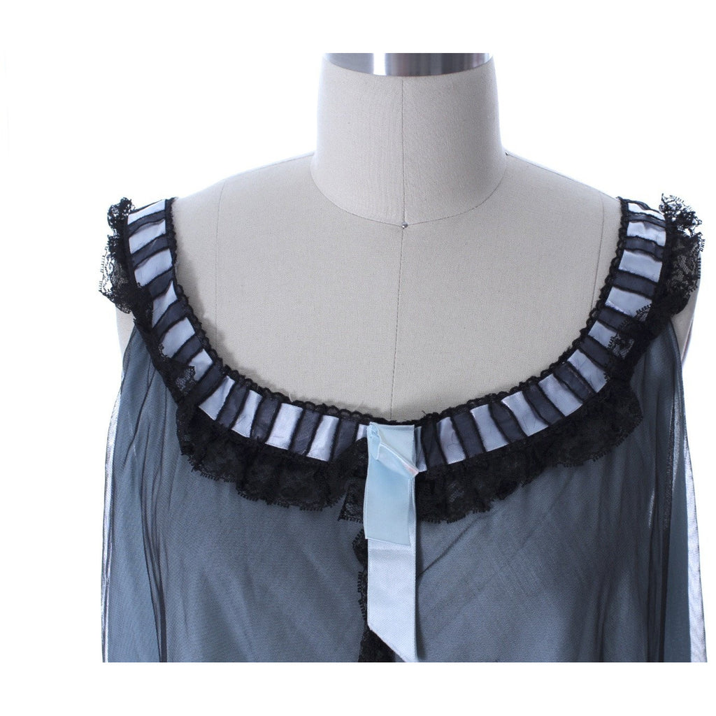 Odette Barsa Vintage Nylon Lingerie Nightgown Robe Set Lace Peignoir Negligee Blue Black M NWT 1960s The Best Vintage Clothing
