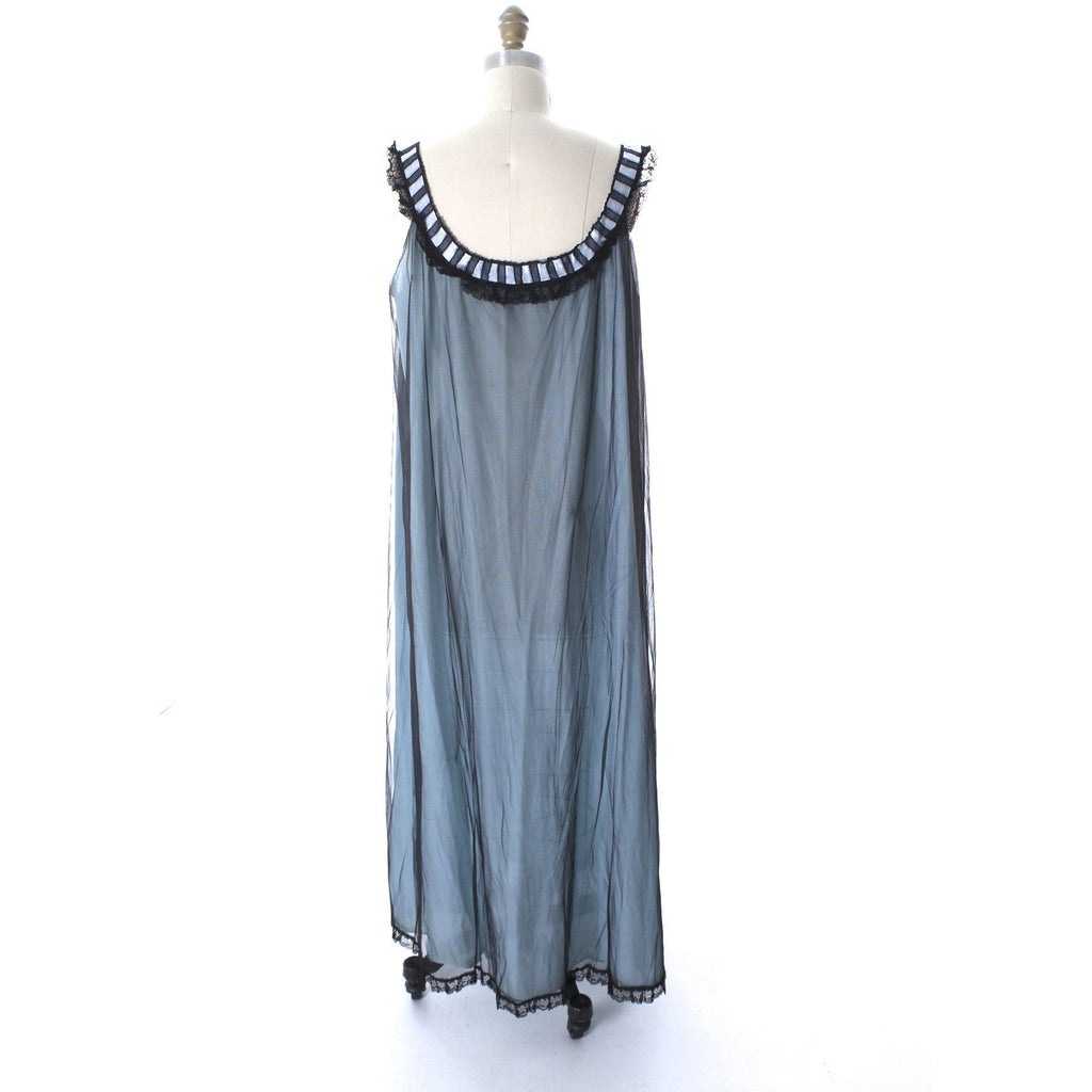 Odette Barsa Vintage Nylon Lingerie Nightgown Robe Set Lace Peignoir Negligee Blue Black M NWT 1960s The Best Vintage Clothing