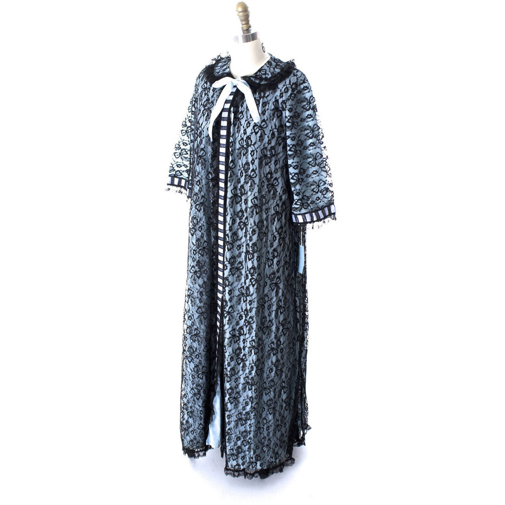 Odette Barsa Vintage Nylon Lingerie Nightgown Robe Set Lace Peignoir Negligee Blue Black M NWT 1960s The Best Vintage Clothing