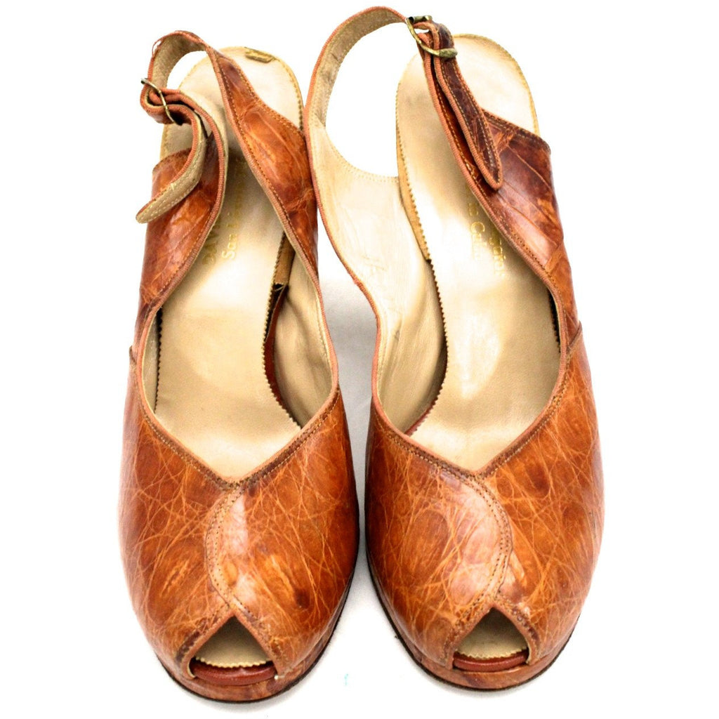 Vtg 1940s Alligator Platform Shoes Heels Slingback Peep-toe 7 M 4" Heel shoes The Best Vintage Clothing