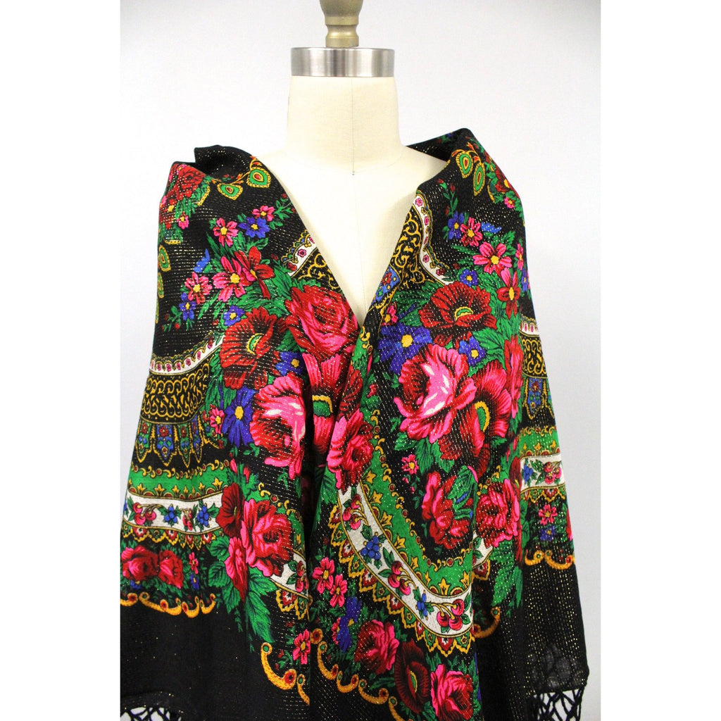 Vintage Metallic Wool Ethnic Shawl Scarf Fringed Bright Red Roses Made in Japan 50" Square The Best Vintage Clothing