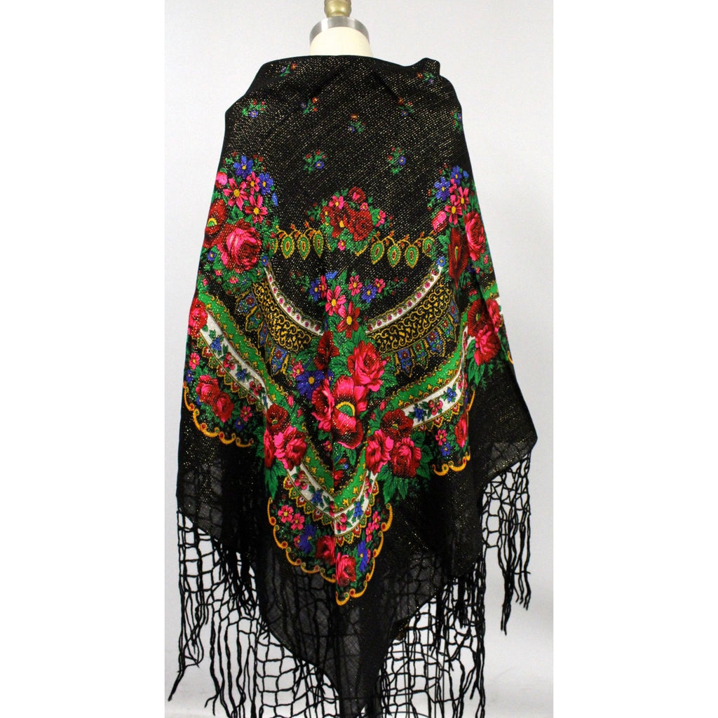 Vintage Metallic Wool Ethnic Shawl Scarf Fringed Bright Red Roses Made in Japan 50" Square The Best Vintage Clothing