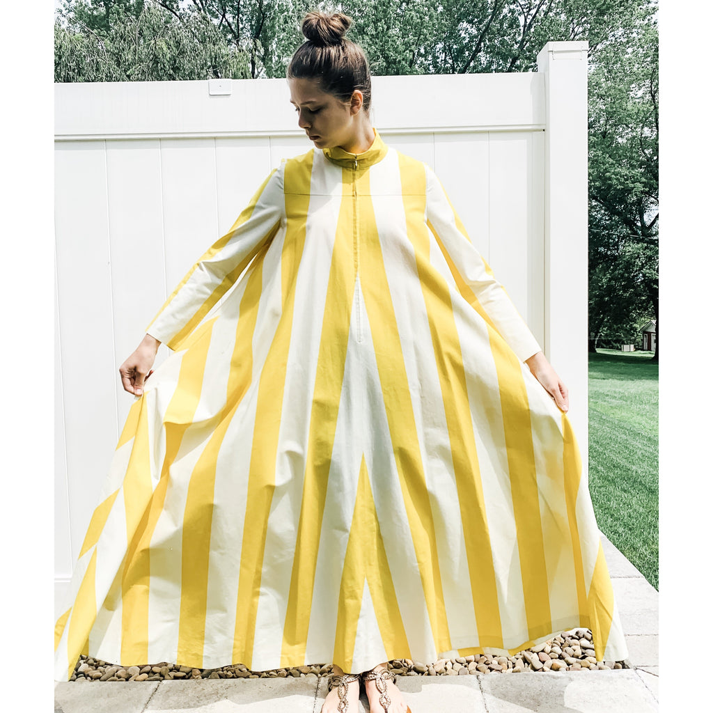 Vintage Vuokko Awning Stripe Gown, Iconic Style, Finnish Designer 1970s Yellow White marimekko The Best Vintage Clothing