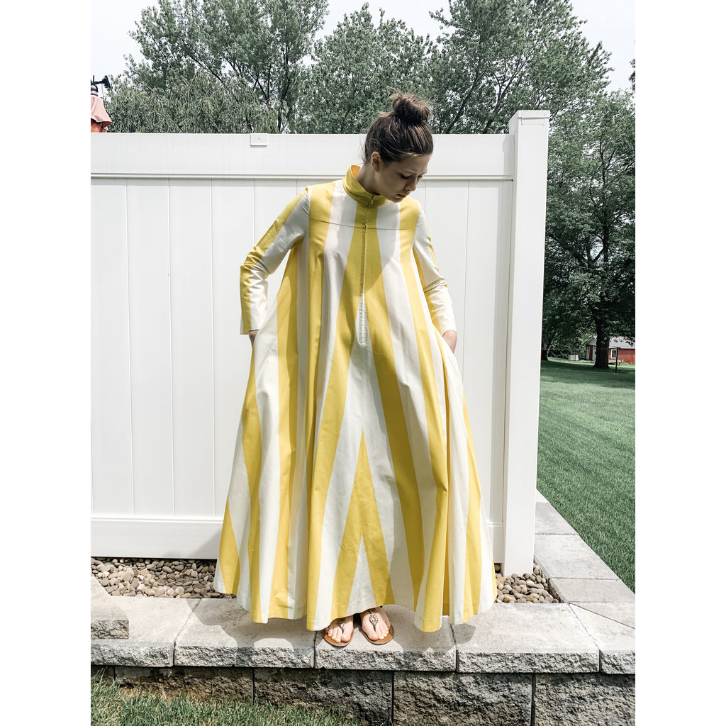 Vintage Vuokko Awning Stripe Gown, Iconic Style, Finnish Designer 1970s Yellow White marimekko The Best Vintage Clothing