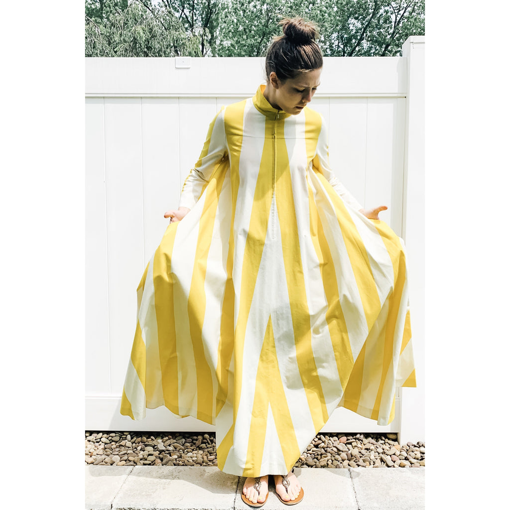 Vintage Vuokko Awning Stripe Gown, Iconic Style, Finnish Designer 1970s Yellow White marimekko The Best Vintage Clothing