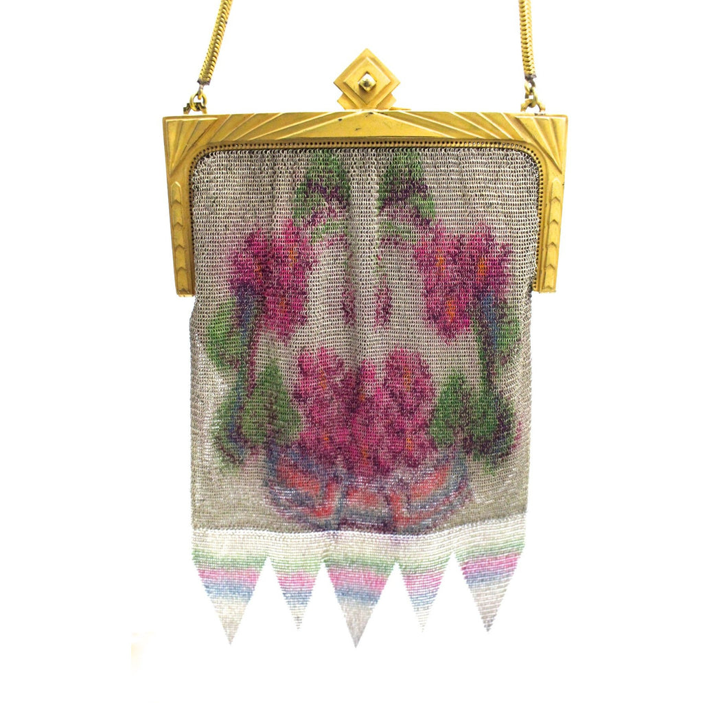Antique Fine Mesh Purse Floral 1920s Art Deco Large Gold Deco Frame Pointed Hem The Best Vintage Clothing