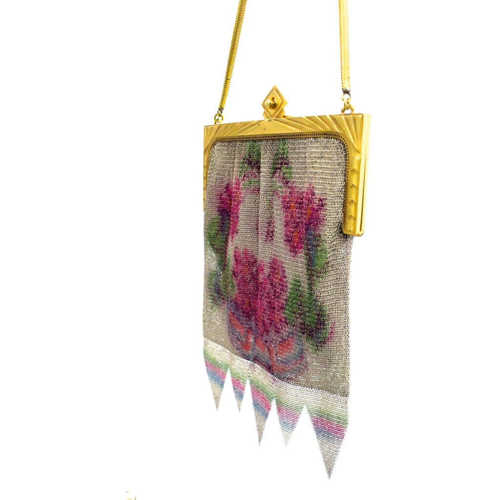 Antique Fine Mesh Purse Floral 1920s Art Deco Large Gold Deco Frame Pointed Hem The Best Vintage Clothing