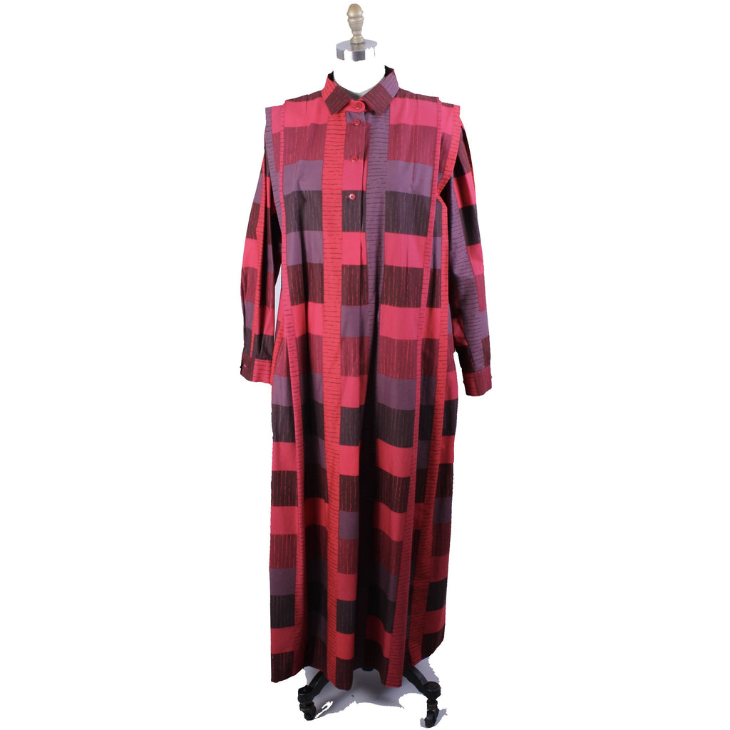 Vintage Marimekko 1980s Cotton Plaid Shirt Tent Maxi Dress Red & Purple 40/12 M/L marimekko The Best Vintage Clothing