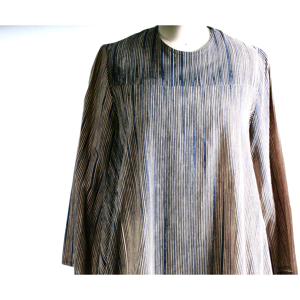 Vintage 1970s Vuokko Tent Dress Black Tan Blue Tan Vertical Stripes Iconic Cotton 38 M/L marimekko marimekko