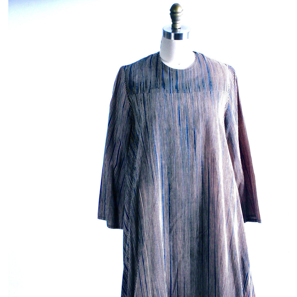 Vintage 1970s Vuokko Tent Dress Black Tan Blue Tan Vertical Stripes Iconic Cotton 38 M/L marimekko marimekko