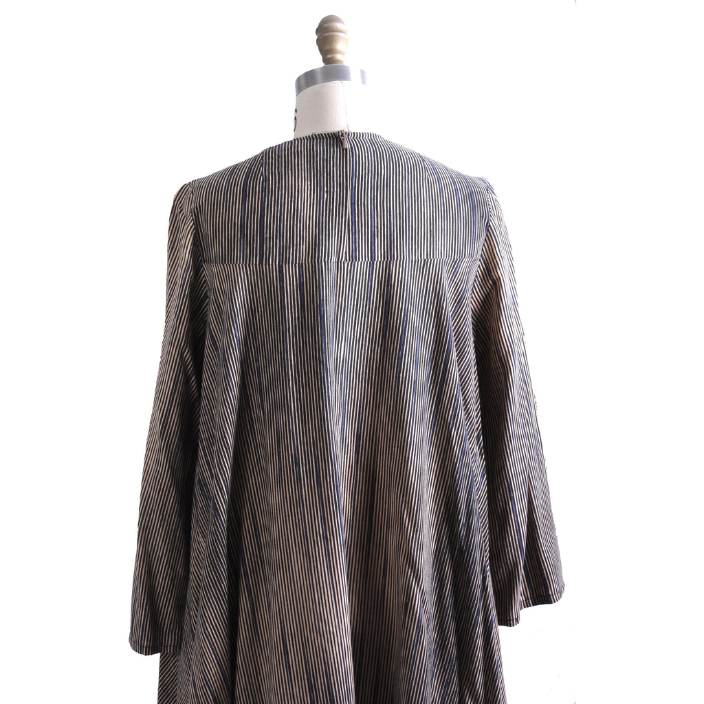 Vintage 1970s Vuokko Tent Dress Black Tan Blue Tan Vertical Stripes Iconic Cotton 38 M/L marimekko marimekko