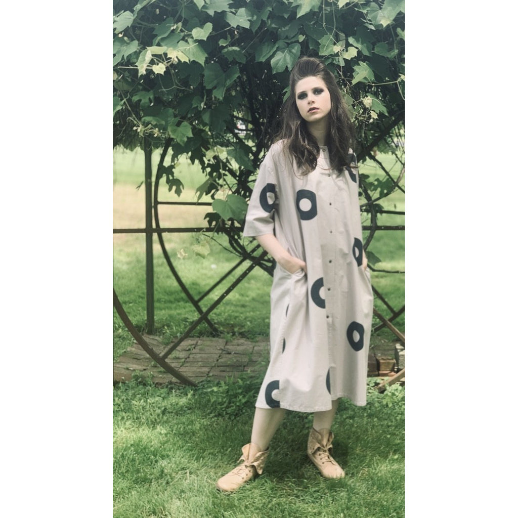 Vintage Mod 1970s Iconic Vuokko Beige / Gray Circles Geometric Print Coat Dress Sz S marimekko The Best Vintage Clothing