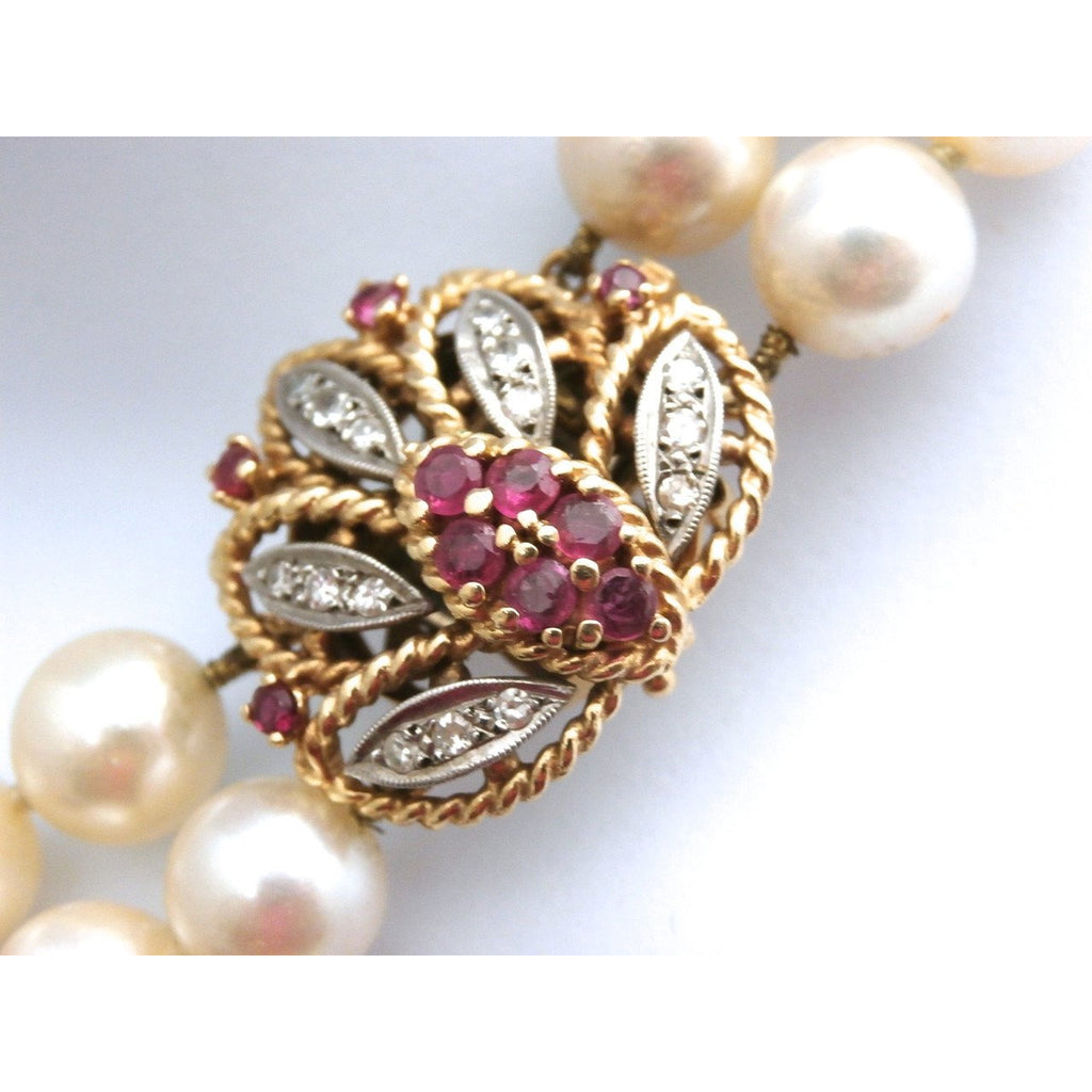 Vintage Estate Double Strand 9MM Pearls .25 K Diamonds Ruby Large 14K 1930s Jewelry vendor-unknown