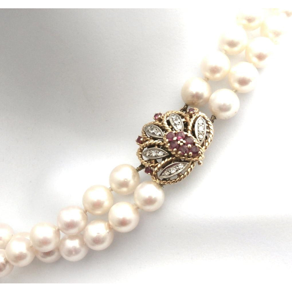 Vintage Estate Double Strand 9MM Pearls .25 K Diamonds Ruby Large 14K  1930s - The Best Vintage Clothing
 - 1