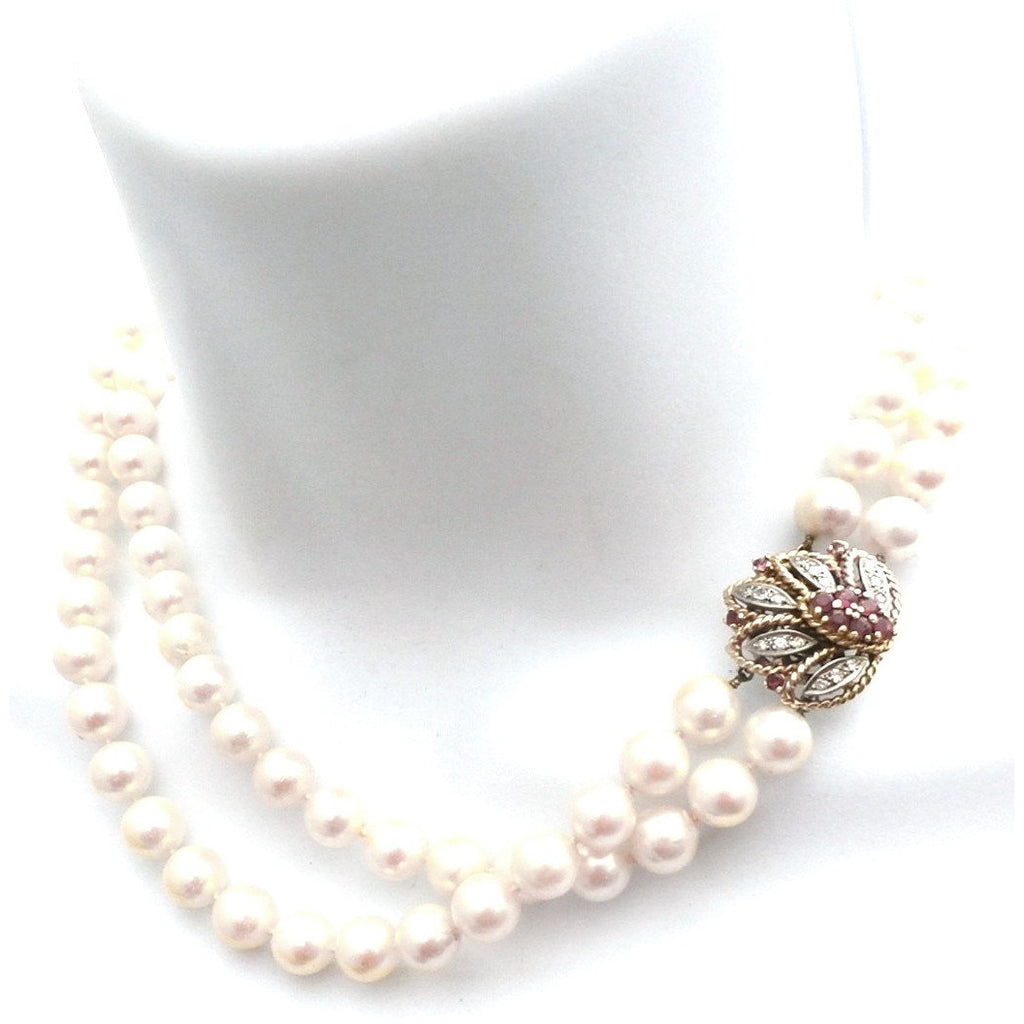 Vintage Estate Double Strand 9MM Pearls .25 K Diamonds Ruby Large 14K 1930s Jewelry vendor-unknown