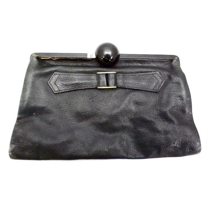 Vintage Black Leather Clutch Purse w/ Huge Ball Clasp Art Deco 1920s Handbags,New Arrivals The Best Vintage Clothing