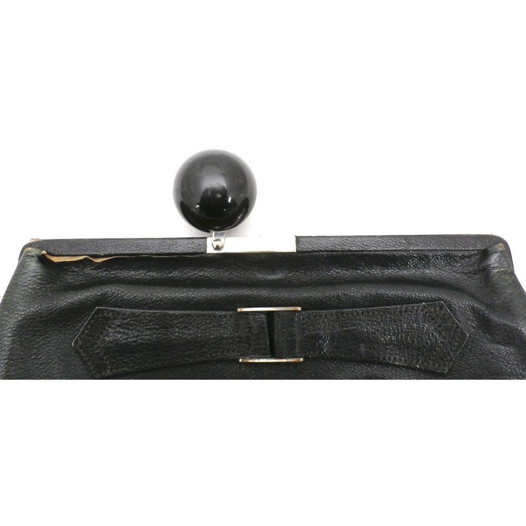 Vintage Black Leather Clutch Purse w/ Huge Ball Clasp Art Deco 1920s Handbags,New Arrivals The Best Vintage Clothing