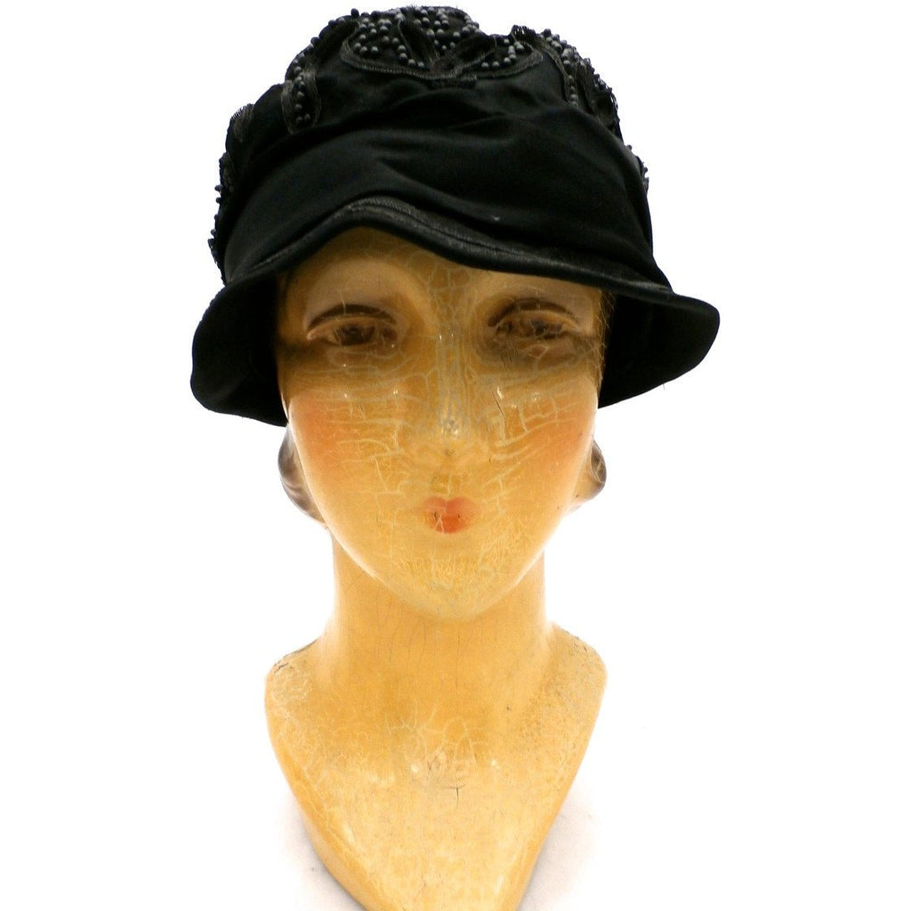 Antique Art Deco Vintage 1920s Ladies Cloche Hat Flapper Style Black Silk Beadwork Soutache Gorgeous Large 23 Hats,New Arrivals The Best Vintage Clothing