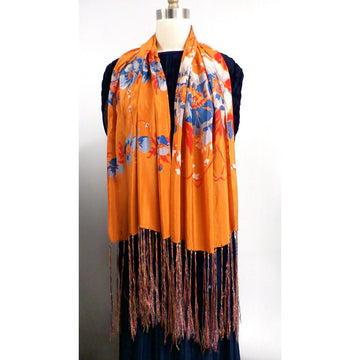 Vintage Womens Silk  Scarf 1920s Floral Orange/Blue Long - The Best Vintage Clothing
 - 1