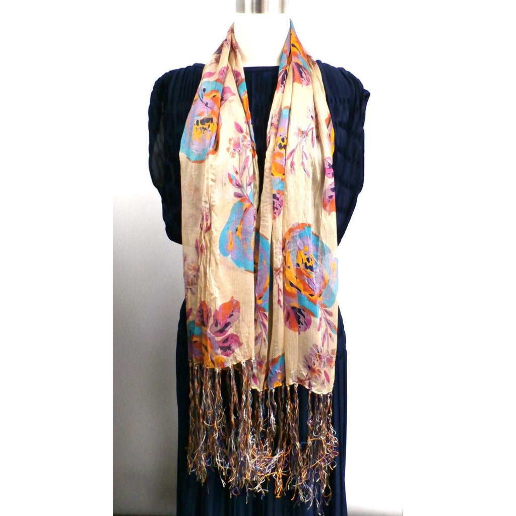 Vintage Womens Silk  Textured Scarf 1920s Floral Orange/Blue Long - The Best Vintage Clothing
 - 1