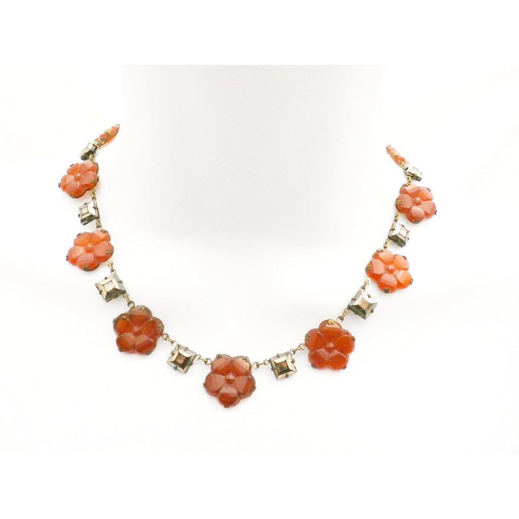 Best Antique Vintage 1920s Art Deco Carnelian Necklace Flowers & Square Mirrored Stones 15" Jewelry,New Arrivals The Best Vintage Clothing