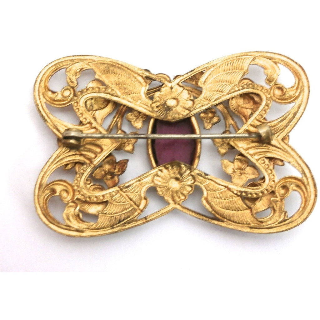 Gorgeous Antique Art Nouveau Gilted Brooch Large Amethyst Stone Center Jewelry,New Arrivals The Best Vintage Clothing