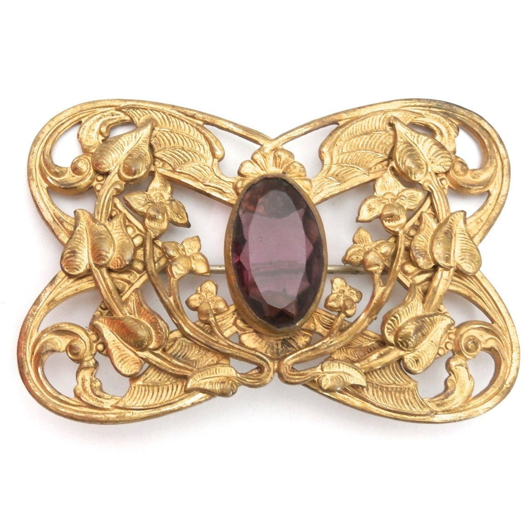 Gorgeous Antique Art Nouveau Gilted Brooch Large Amethyst Stone Center - The Best Vintage Clothing
 - 1