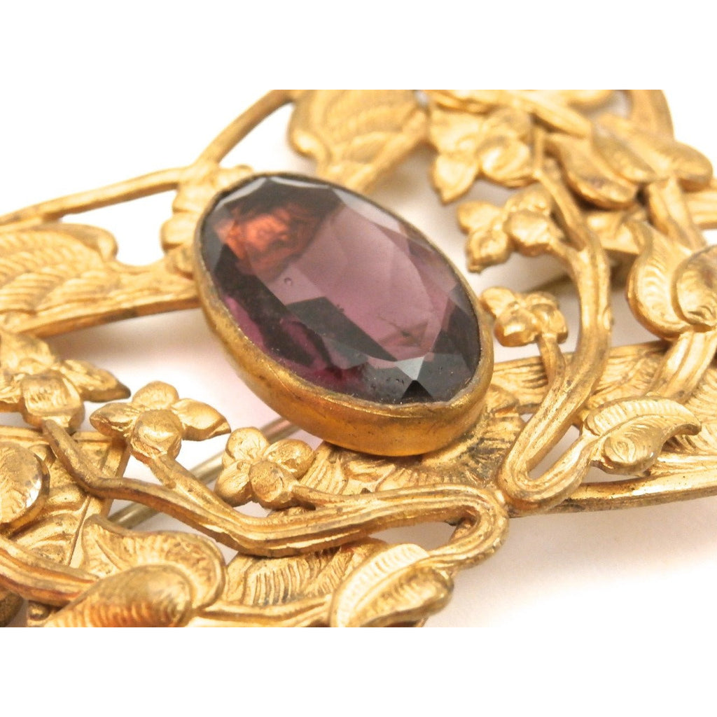 Gorgeous Antique Art Nouveau Gilted Brooch Large Amethyst Stone Center Jewelry,New Arrivals The Best Vintage Clothing