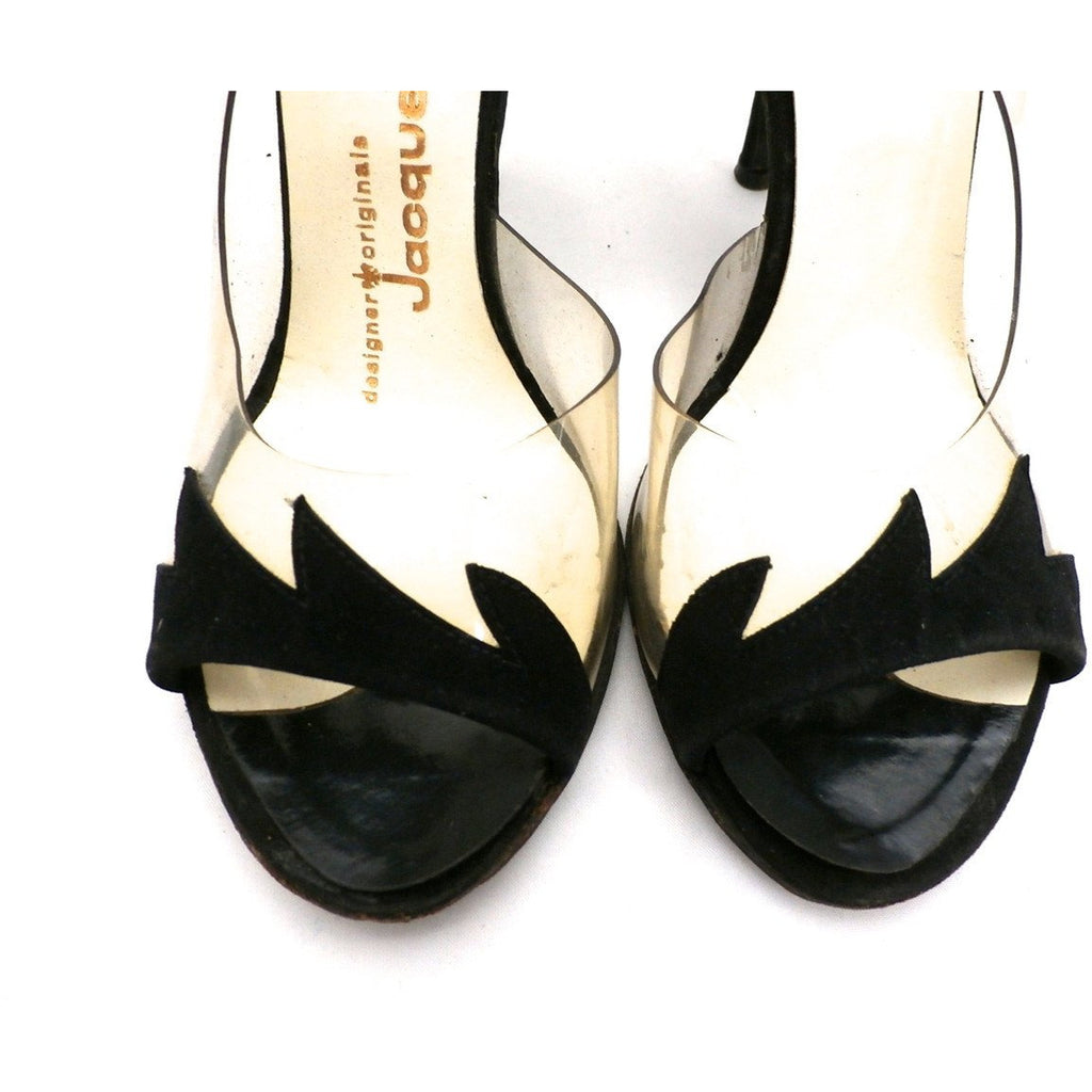 Vintage Shoes Heels Jacqueline Black Suede/Clear Vinyl Peep-Toe 1950S Shoes The Best Vintage Clothing